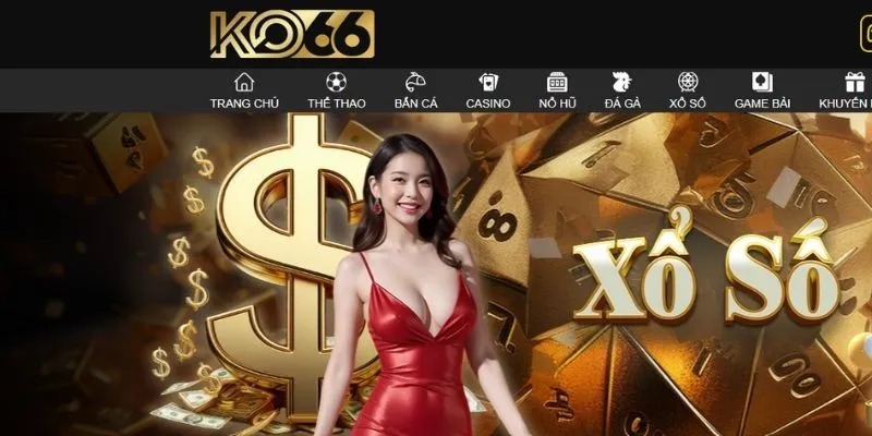 Giao diện sảnh Xổ số ko66 với lô đề, Keno, và xổ số siêu tốc được thiết kế trực quan.